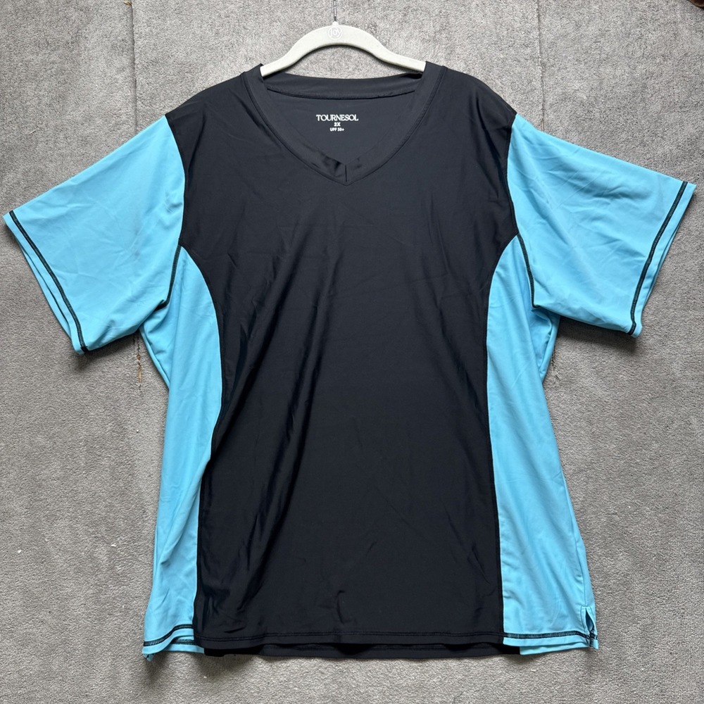 Tournesol Rash Guard Shirt 2X Aqua Blue Black V-Neck UPF 50+ Swim Surf